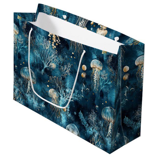 Lux Ocean Jellyfish & Coral Gold Pattern Large Gift Bag (Front Angled)