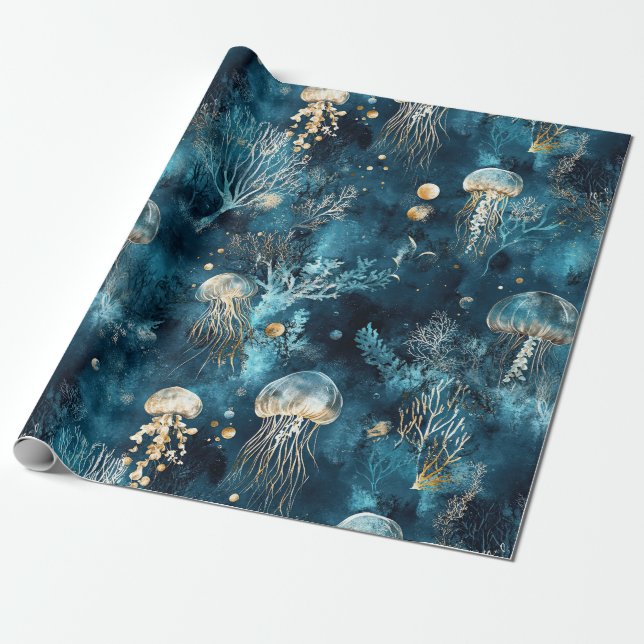 Lux Ocean Jellyfish & Coral Gold Pattern Wrapping Paper (Unrolled)