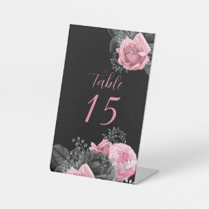 Lux Pink Black Floral Inking Wedding Table Number Pedestal Sign