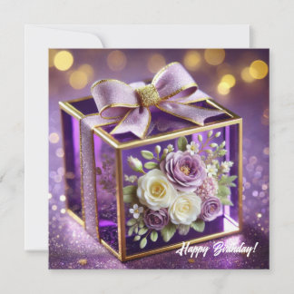 Lux purple glass floral gift gold chiffon bow holiday card