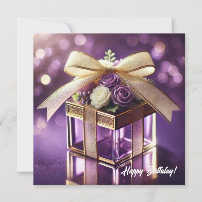 Lux purple glass floral gift gold chiffon bow holiday card (Front)
