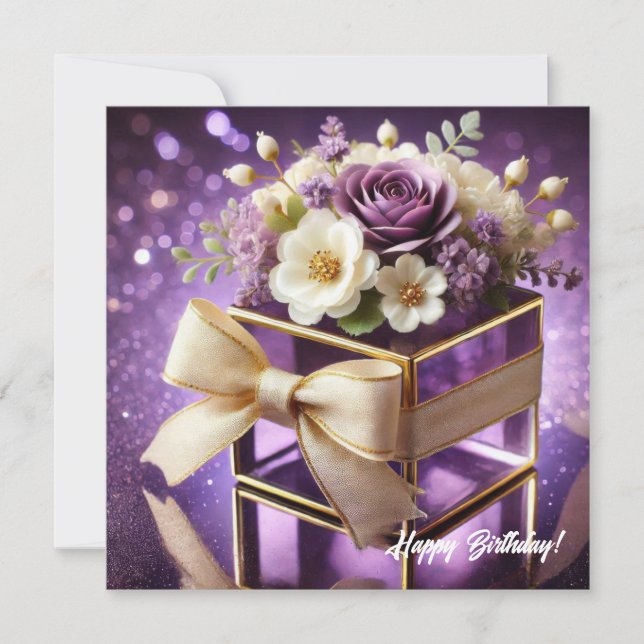 Lux purple glass floral gift gold chiffon bow holiday card (Front)