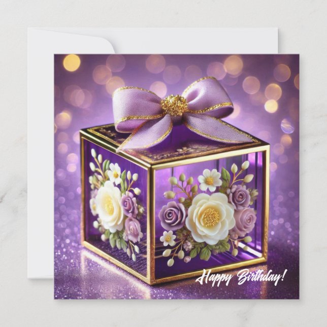 Lux purple glass floral gift gold chiffon bow holiday card (Front)