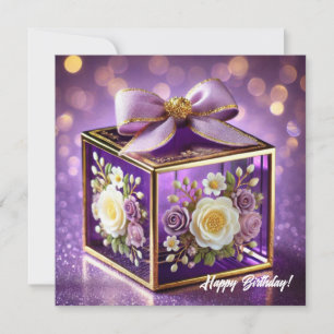Lux purple glass floral gift gold chiffon bow holiday card