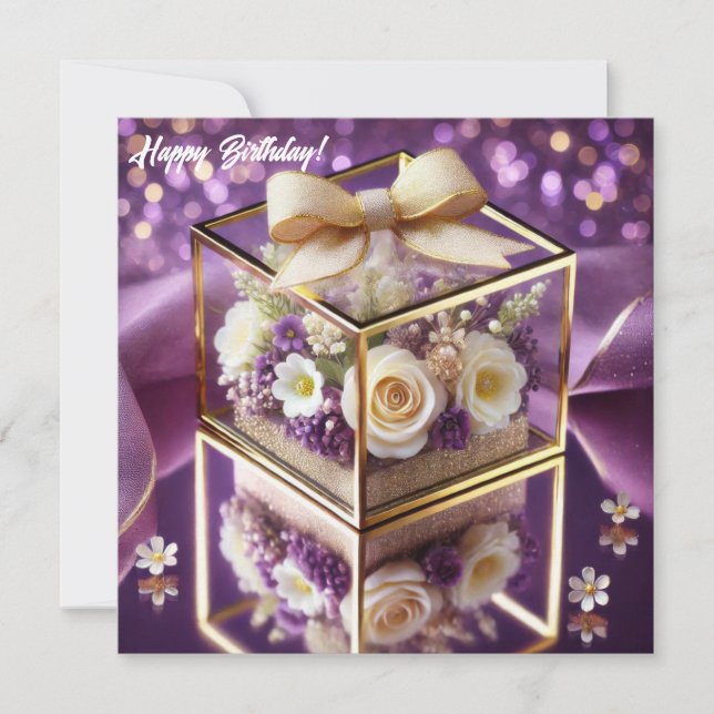 Lux purple glass floral gift gold chiffon bow holiday card (Front)