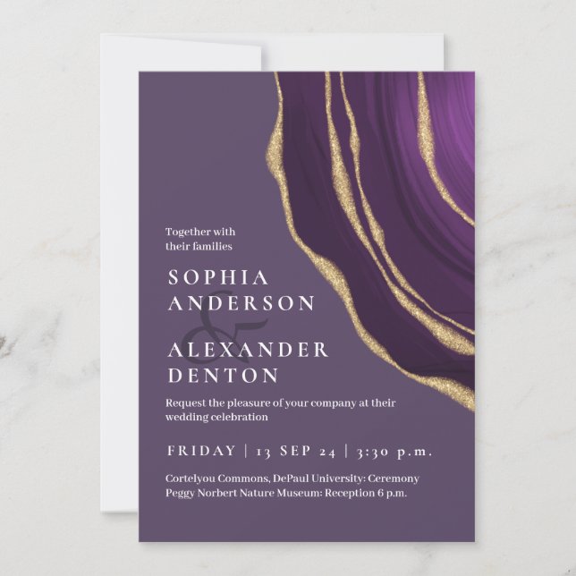 Lux purple golden agate wedding invitation (Front)