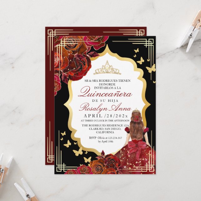 Lux Red Gold Rose Princess Quinceañera Invitation (Front/Back In Situ)