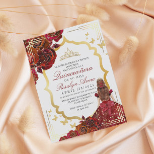 Lux Red Gold Rose Princess Quinceañera Invitation