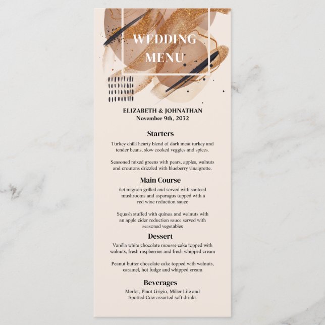 Lux rose gold glitter rusty copper shades wedding menu (Front)