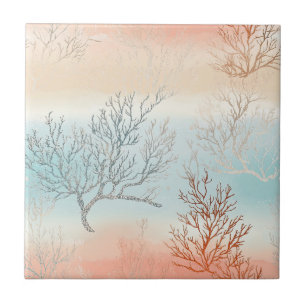 Lux Watercolor Coastal Coral & Ocean Waves (1) Ceramic Tile