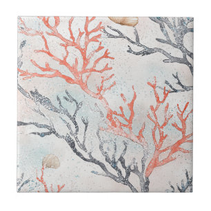 Lux Watercolor Coastal Coral & Ocean Waves (3) Ceramic Tile