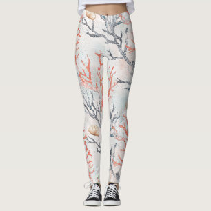 Lux Watercolor Coastal Coral & Ocean Waves (3) Leggings