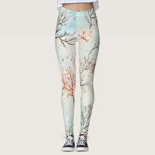 Lux Watercolor Coastal Coral & Ocean Waves (4) Leggings
