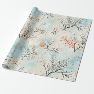 Lux Watercolor Coastal Coral & Ocean Waves (4) Wrapping Paper