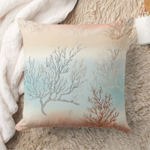 Lux Watercolor Coastal Coral & Ocean Waves Cushion