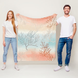 Lux Watercolor Coastal Coral & Ocean Waves Fleece Blanket