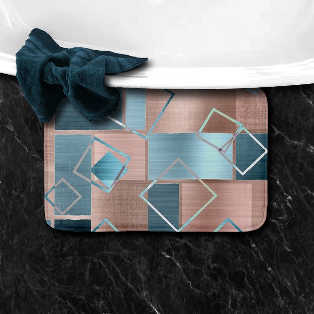 Luxe Abstract | Blush Rose Gold and Teal Geometric Bath Mat (Creator Uploaded)