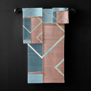 Luxe Abstract   Blush Rose Gold and Teal Geometric Bath Towel Set