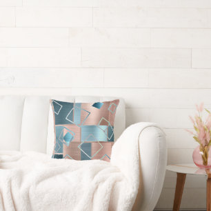 Luxe Abstract   Blush Rose Gold and Teal Geometric Cushion