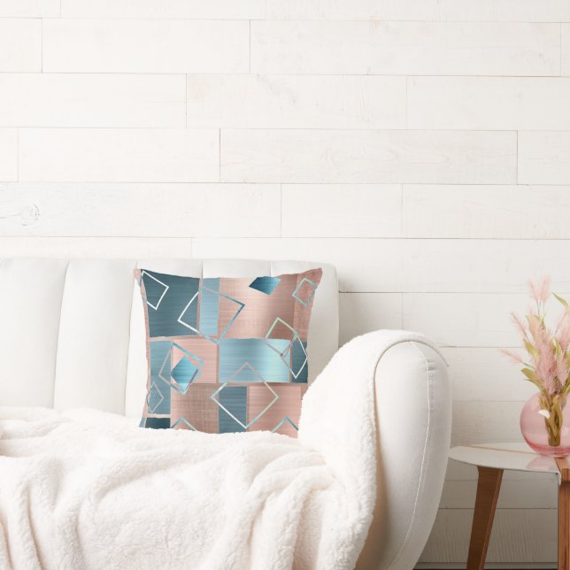 Luxe Abstract | Blush Rose Gold and Teal Geometric Cushion (Couch)