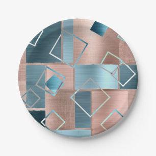 Luxe Abstract   Blush Rose Gold and Teal Geometric Paper Plate