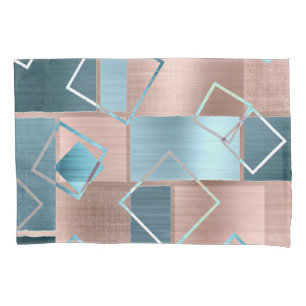 Luxe Abstract   Blush Rose Gold and Teal Geometric Pillowcase