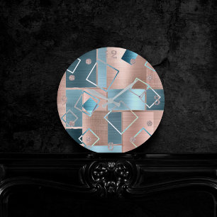 Luxe Abstract   Blush Rose Gold and Teal Geometric Round Clock