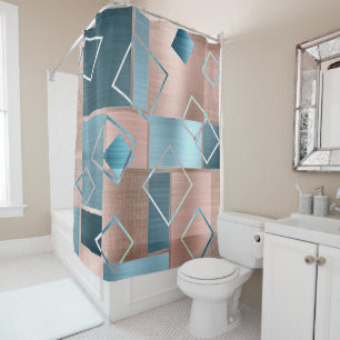 Luxe Abstract Blush Rose Gold and Teal Geometric Shower Curtain