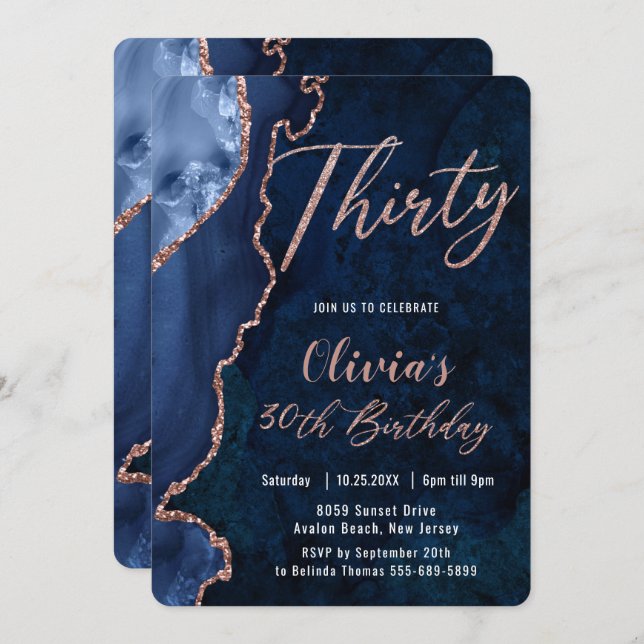 Luxe Agate Sapphire Blue Rose Gold 30th Birthday Invitation (Front/Back)