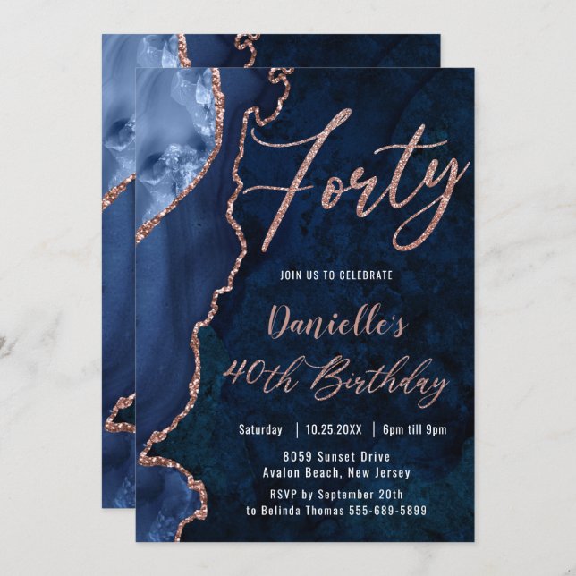 Luxe Agate Sapphire Blue Rose Gold 40th Birthday  Invitation (Front/Back)
