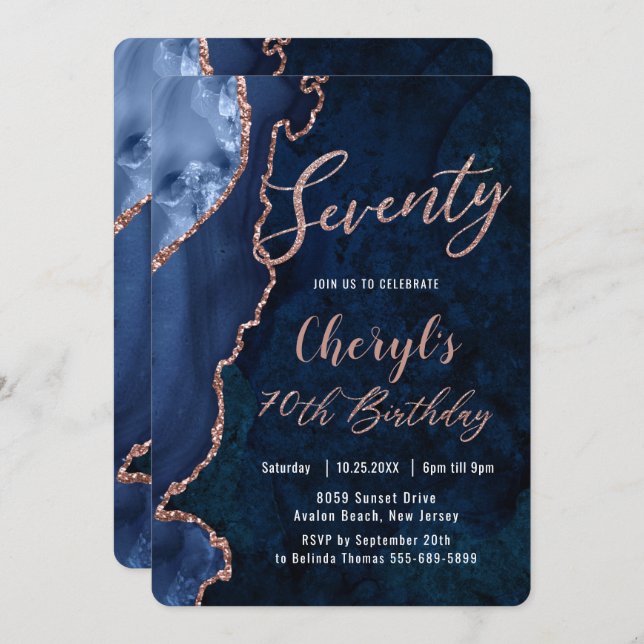 Luxe Agate Sapphire Blue Rose Gold 70th Birthday  Invitation (Front/Back)