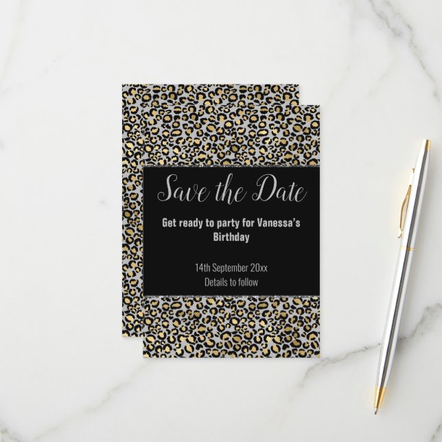 LUXE ANIMAL PRINT GREY GLITTER SAVE THE DATE RSVP CARD (Front/Back In Situ)