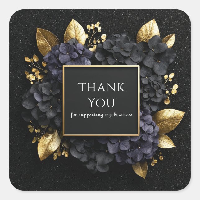 Luxe Black and Gold Floral Thank You Square Sticker (Front)