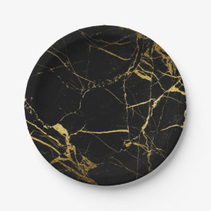 Luxe Black and Gold Marble Texture Paper Plate