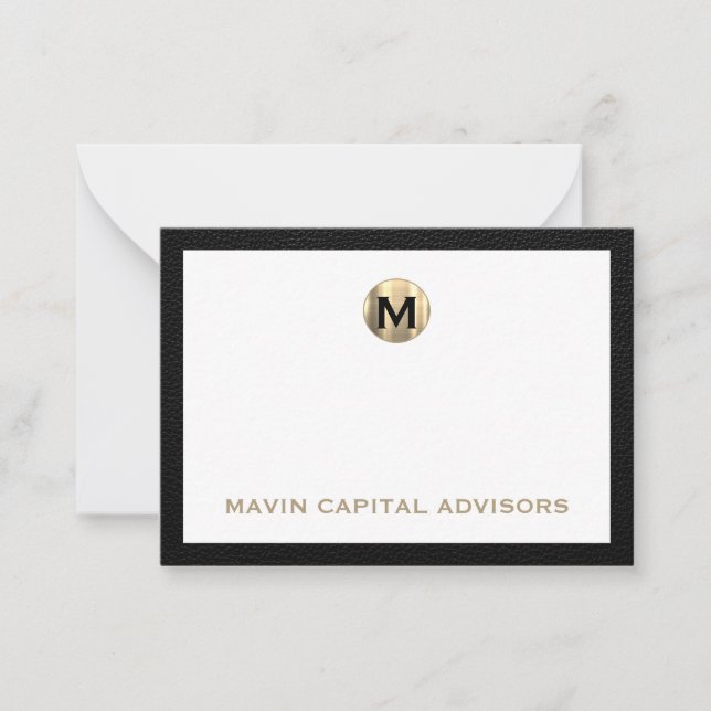 Luxe Black and Gold Monogram Business Note Card (Front)