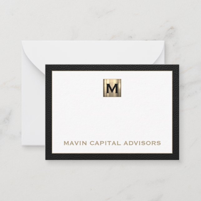 Luxe Black and Gold Monogram Notecard (Front)