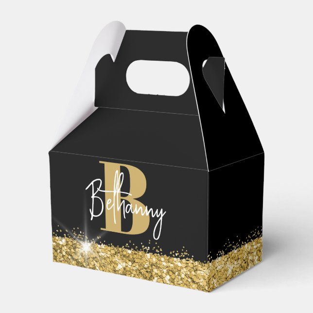 Luxe Black Gold Monogram Initial Name Favour Box (Front Side)