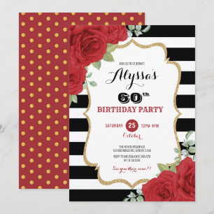Luxe Black Gold Red Roses Adult Woman Birthday Invitation