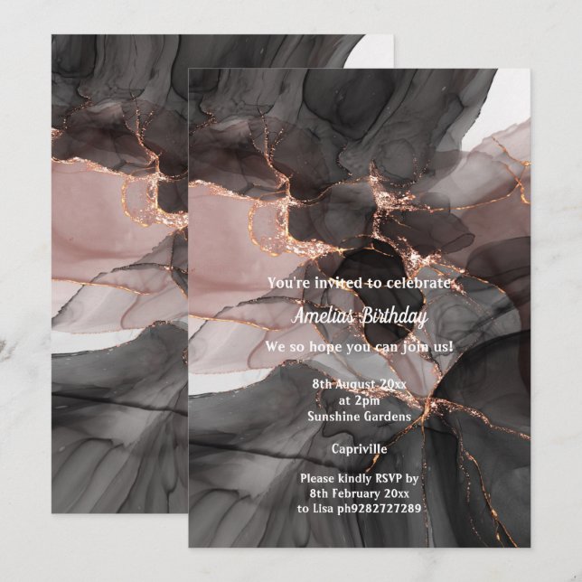 LUXE BLACK PINK CHIFFON PARTY  INVITATION (Front/Back)