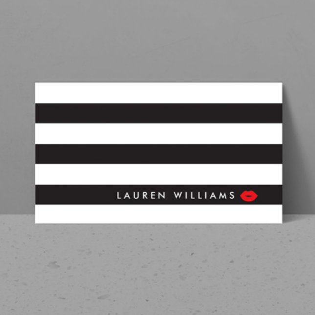 Luxe Black/White Stripes Red Lips Makeup Artist Business Card (Creator Uploaded)