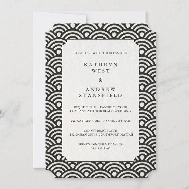 Luxe Black + White Wave Pattern Wedding Invitation (Front)