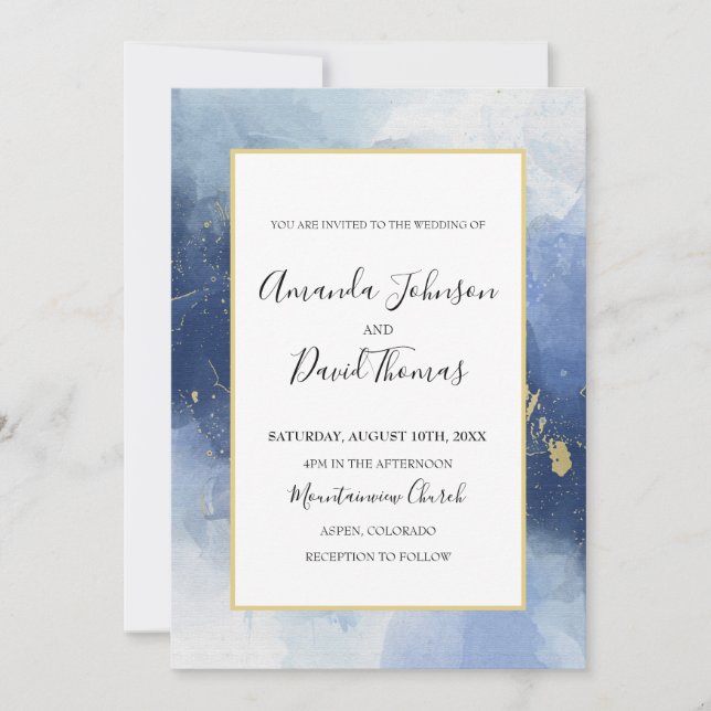 Luxe Blue and Gold Alcohol Ink Invitation (Front)
