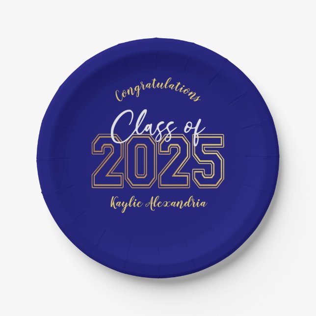 Luxe Blue & Gold Graduation Party Plates (Front)