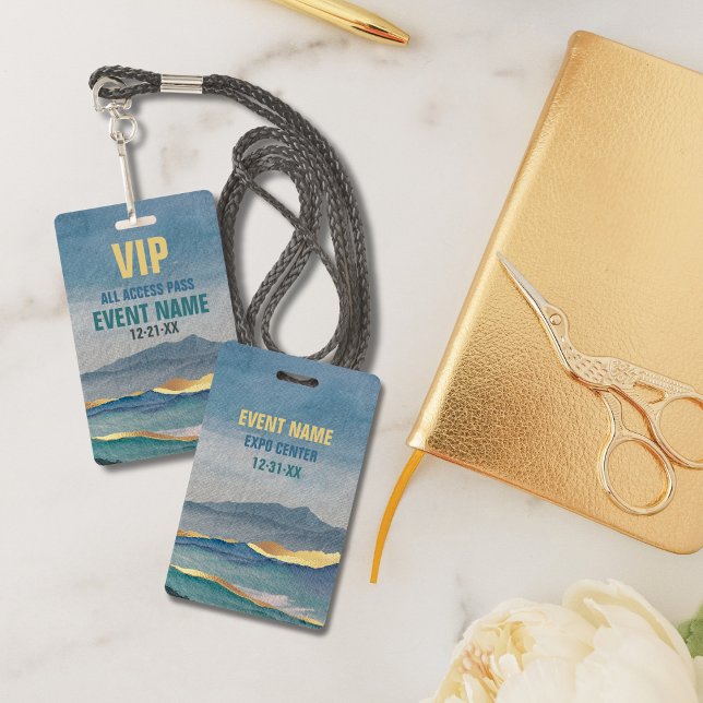 Luxe Blue Gold Teal Landscape VIP All Access Pass ID Badge (Creator Uploaded)