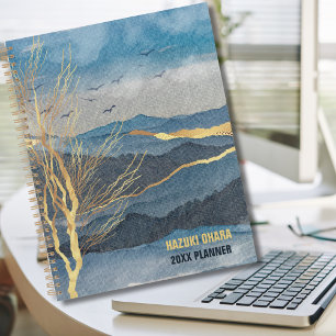 Luxe Blue Gold Watercolor Mountain Planner