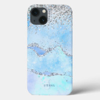 Luxe Blue Marble & Silver Glitter w/Name-Monogram