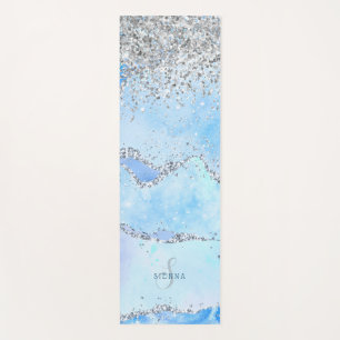 Luxe Blue Marble & Silver Glitter w/Name-Monogram Yoga Mat