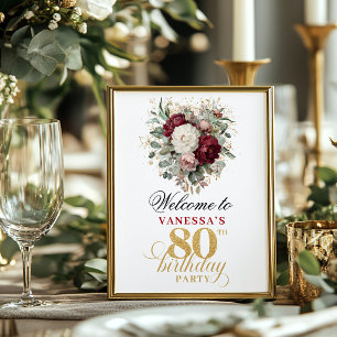Luxe blush burgundy floral 80th birthday 8x10 Sign