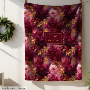 Luxe Blush Burgundy Gold Personalized Boho Floral  Fleece Blanket