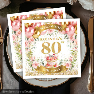 Luxe Blush Flowers 80th Birthday Paper Napkins